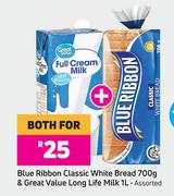 Blue Ribbon Classic White Bread 700g & Great Value Long Life Milk Assorted-1L For Both