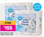 Great Value 2 Ply Toilet Tissue-For 2 x 18's