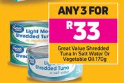 Great Value Shredded Tuna In Salt Water Or Vegetable Oil-For Any 3 x 170g