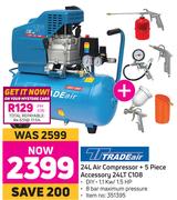 Tradeair 24L Air Compressor + 5 Piece Accessory 24LT C108