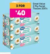 Great Value 2 Ply Facial Tissues-For 3 x 200's