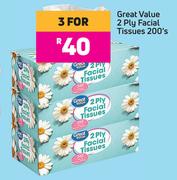 Great Value 2 Ply Facial Tissues-For 3 x 200's