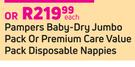 Pampers Baby Dry Jumbo Pack Or Premium Care Value Pack Disposable Nappies-Each     