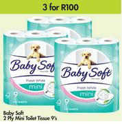 Baby Soft 2 Ply Mini Toilet Tissue 9's Pack-For 3 Packs