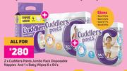 Cuddlers Pants Jumbo Pack Disposable Nappies 2's & Baby Wipes 6 x 64's-For All