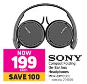 Sony Compact Folding On Ear Aux Headphones MDR-ZX110BCE