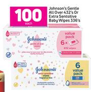 Johnson's Gentle All Over 432's Or Extra Sensitive Baby Wipes 336's-Each