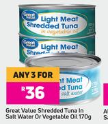 Great Value Shredded Tuna In Salt Water Or Vegetable Oil-For Any 3 x 170g