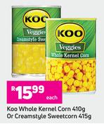 Koo Whole Kernel Corn 410g Or Creamstyle Sweetcorn 415g-Each