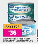 Great Value Shredded Tuna In Salt Water Or Vegetable Oil-For Any 3 x 170g