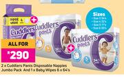 Cuddlers Pants Disposable Nappies x 2 And Baby Wipes 6 x 64's-For All