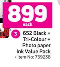 HP 652 Black + Tri Colour Photo Paper Ink Value Pack-Each