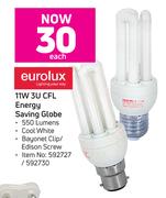 Eurolux 11W 3U CFL Energy Saving Globe-Each