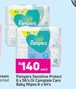 Pampers Sensitive Protect 6 x 56's Or Complete Care Baby Wipes 6 x 64's-Each