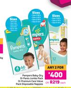 Pampers Baby Dry Or Pants Jumbo Pack Or Premium Care Value Pack Disposable Nappies-For Any 2