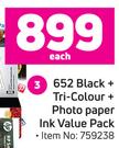 HP 652 Black + Tri Colour + Photo Paper Ink Value Pack-Each
