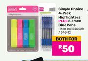 Simple Choice 4 Pack Highlighters Plus 5-Pack Blue Pens-For Both
