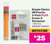 Simple Choice HB Pencils 3 Pack Plus Eraser & Sharpener-For Both