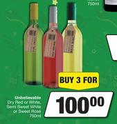 Unbelievable Dry Red Or White,Semi Sweet White Or Sweet Rose-For 3 x 750ml