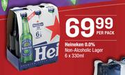 Heineken 0.0% Non Alcoholic Lager-6 x 330ml Per Pack