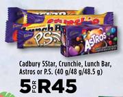 Cadbury 5 Star, Crunchie, Lunch Bar, Astros Or P.S-For 5 x 40g/48g/48.5g