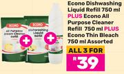 Econo Dishwashing Liquid Refill 750ml+All Purpose Cleaner Refill 750ml+Thin Bleach 750ml-For 3