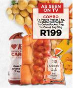 1 x Potato Pocket 7kg, 1 x Butternut Pocket, 1 x Onion Pocket 7kg &  1 x Carrot Bag 3kg Combo