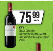 KWV Classic Collection Cabernet Sauvignon,Merlot,Petit Verdot,Pinotage Or Shiraz-750ml Each