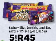 Cadbury 5 Star, Crunchie, Lunch Bar, Astros Or P.S-For 5 x 40g/48g/48.5g
