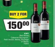 KWV Red Wines Cabernet Sauvignon,Petit Verdot,Merlot,Pinotage Or Shiraz-For 2 x 750ml