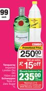 Tanqueray Imported London Dry Gin 750ml & Schweppes Tonic Or Zero Sugar 1Ltr-Per Combo