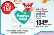 Pampers Value Pack Baby Wipes Sensitive 4 x 56 Wipes-Per Pack