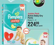 Pampers Jumbo Pack Active Baby Dry Pants Sizes 3-6-Per Pack