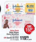 Johnson's Baby Wipes Extra Sensitive 6 x 56 Wipes Or Gentle All Over 6 x 72 Wipes-Per Pack