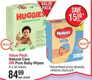 Huggies Value Pack Natural Care Or Pure Baby Wipes 4 x 56 Wipes-Per Pack