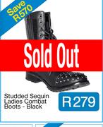 Studded Sequin Ladies Combat Boots - Black