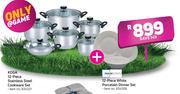 Mainstays Koga 12 Piece Stainless Steel Cookware Set + 12 Piece White Porcelain Dinner Set