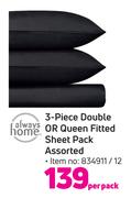Always Home 3 Piece Double Or Queen Fitted Sheet Pack Assorted-Per Pack