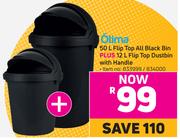 Otima 50L Flip Top All Black Bin Plus 12L Flip Top Dustbin With Handle