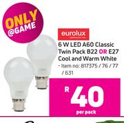 Eurolux 6W LED A60 Classic Twin Pack B22 Or E27 Cool & Warm White-Per Pack
