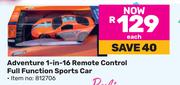 Adventure 1 In 16 Remote Control Full Function Sports Car-Each