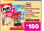 Pritt Stick Value Pack 3 x 43g Plus Free Multi Tack 100g-Both For