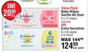 Johnsons Baby Wipes Gentle All Over 6x72 Wipes Or Extra Sensitive 6x56 Wipes-Per Pack