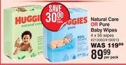 Huggies Natural Care Or Pure Baby Wipes 4 x 56 Wipes-Per Pack
