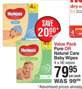 Huggies Pure Or Natural Care Baby Wipes Value Pack-4 x 56 Wipes Per Pack