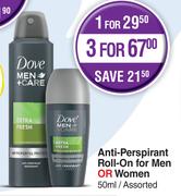 Dove Anti Perspirant Roll On For Men Or Women Assorted-50ml