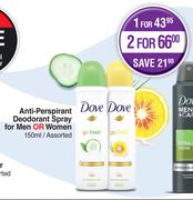Dove Anti Perspirant Deodorant Spray For Men Or Women Assorted-150ml