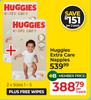 Huggies Extra care Nappies 2 x Sizes 1-5 Plus Free Wipes-Per 2 Pack