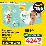 Pampers Premium care Nappies Mega Box Sizes 3-5 Plus Free Wipes-Per Box
