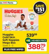 Huggies Gold Skin Soft Nappies Sizes 3-5 Mega Box Plus Free Wipes-Per Box